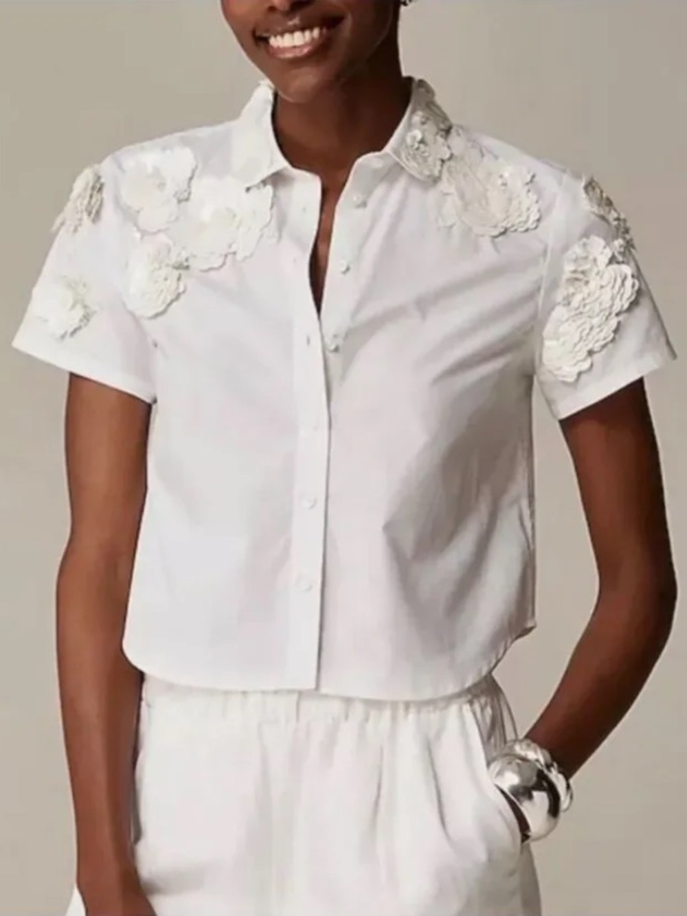 J. Crew White Short-Sleeve Button-Front Shirt with sequin collar